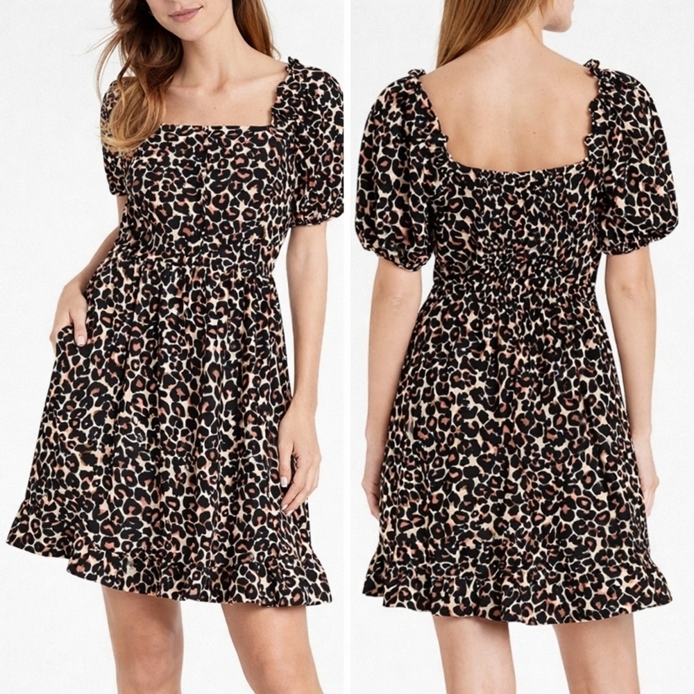 Who What Wear Leopard Print Puff Sleeve Smocked Back Dress – Medium